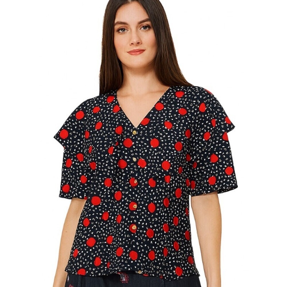 Mansfield top red black white ruffle top button up blouse Sz 12 Satin feeling